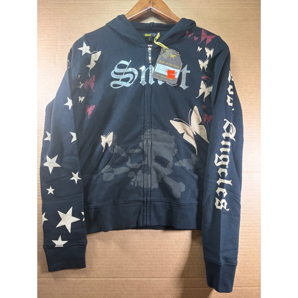 Smet Zip Up Hoodie Womens Large Black Butterfly Skull Stars Y2K Streetwear NWT